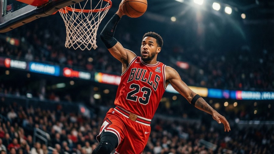 Zach LaVine ejecuta un poderoso mate en una arena llena, con iluminación dramática y desenfoque de movimiento.