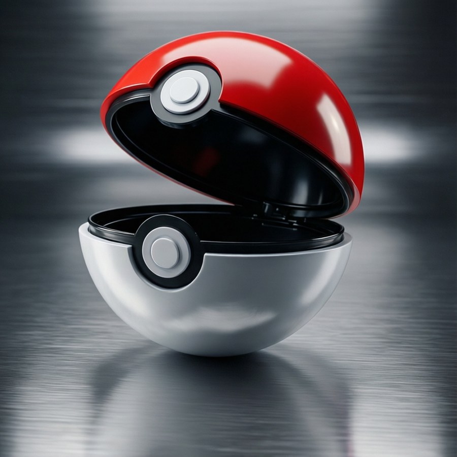 Studio shot of an open Pokéball on metal surface with reflections