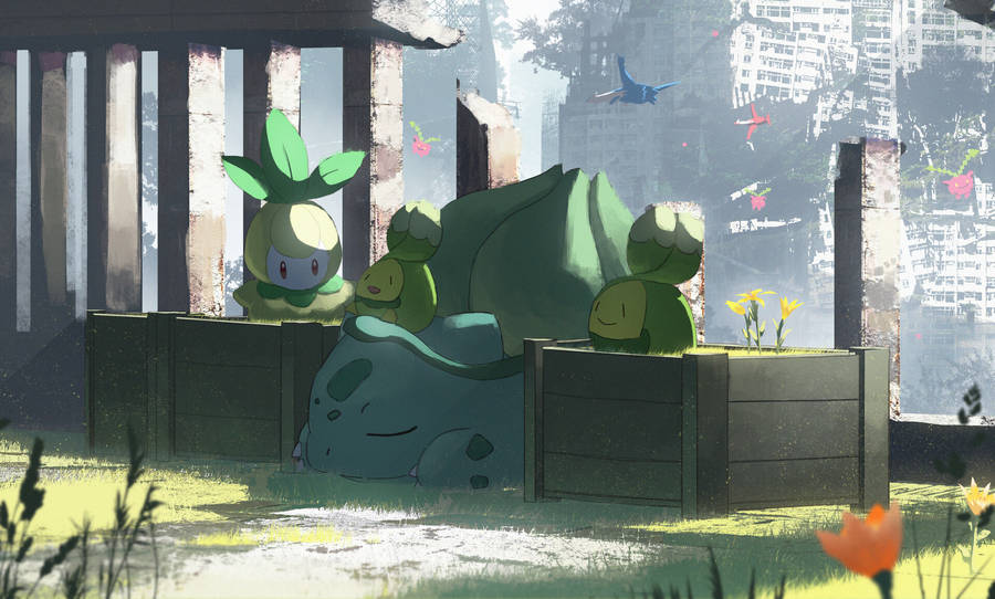 Download Sleeping Bulbasaur And Grass Pokemon Wallpaper | Wallpapers.com