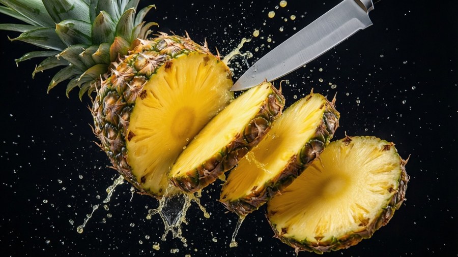 A pineapple being sliced with pieces falling.