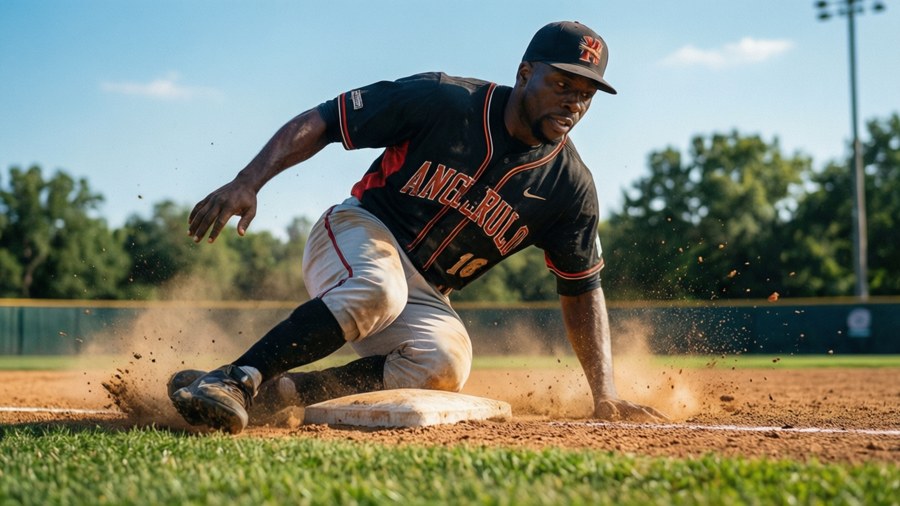 Cedric Mullins sliding into second base with dust flying, dynamic low-angle action shot.