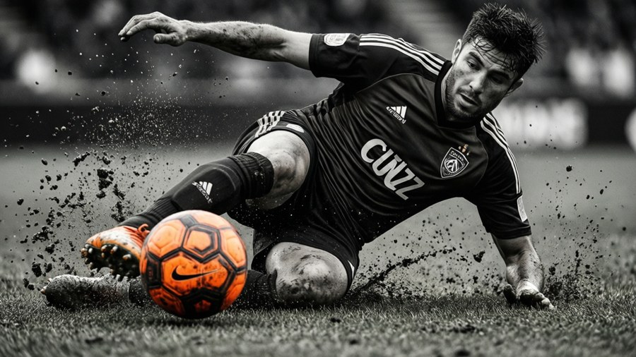 Gritty black and white shot of Allan Cruz sliding tackle