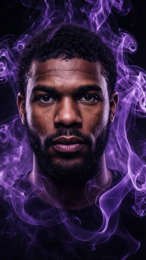 Mysterious portrait of Lamar Jackson with purple smoke.