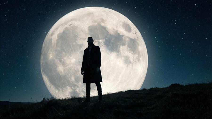 Silhueta de Lost Frequencies com uma lua gigante