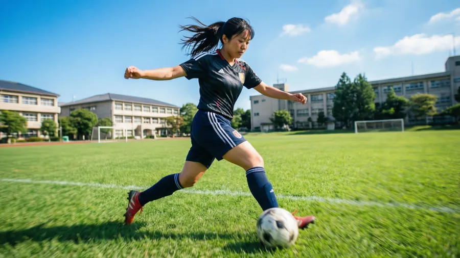 Masumi Sera dribblar en fotboll på en solig skolgård, full av energi.