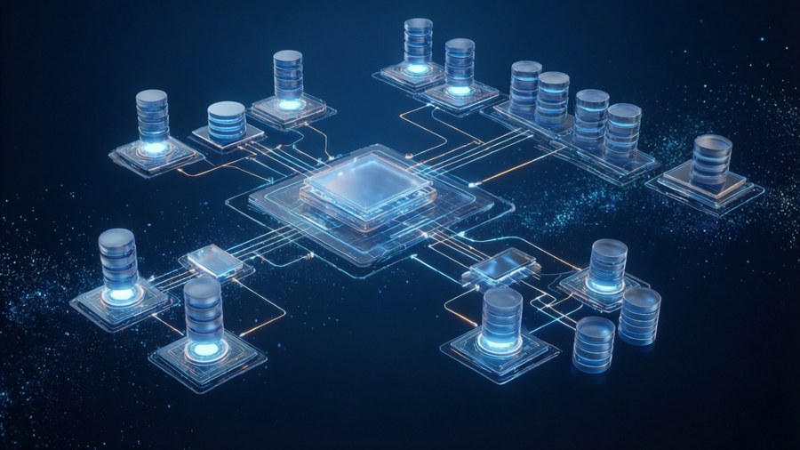 A 3D software architecture diagram wallpaper with interconnected modules.