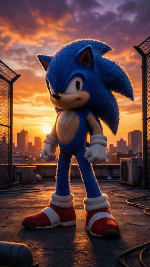 Sonic poses on a prison rooftop against a vibrant sunset in this 9:16 portrait wallpaper.