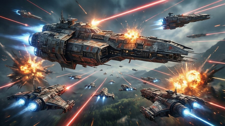 First Order ships engage in a fierce space battle against the Resistance.