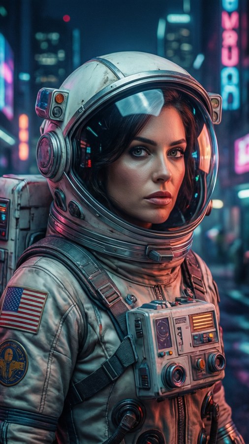 Una bombshell explorando un futuro de ciencia ficción.