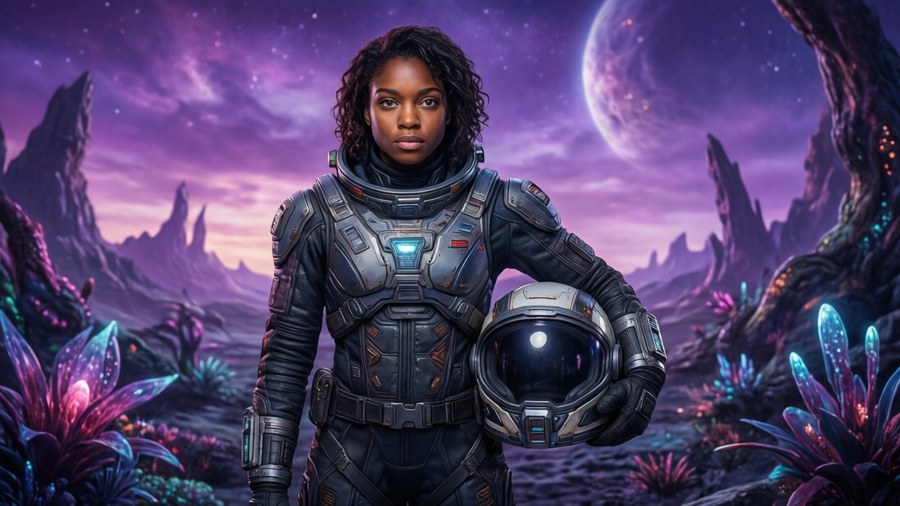 Storm Reid come esploratrice spaziale su un pianeta alieno in una scena di fantascienza.