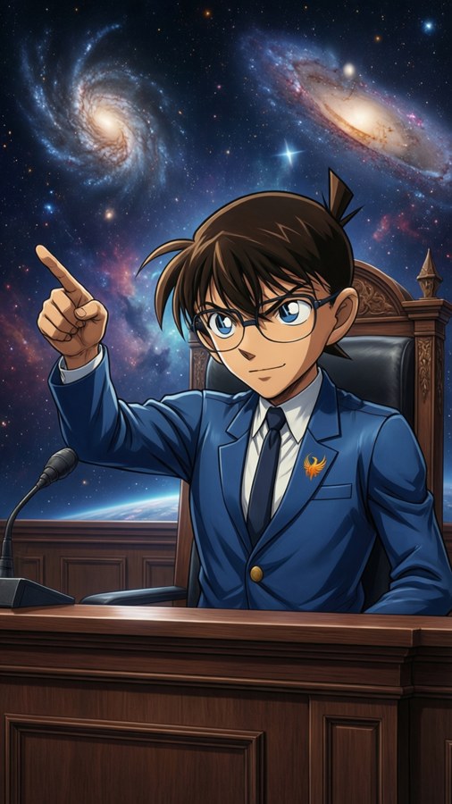 Phoenix Wright objecting in a cosmic courtroom