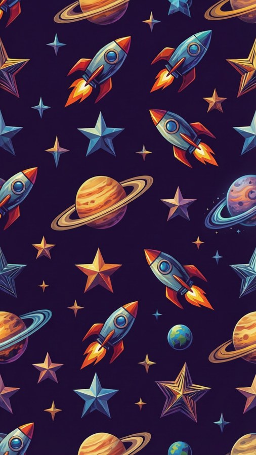 A seamless geometric SVG pattern wallpaper with space elements on a purple background.