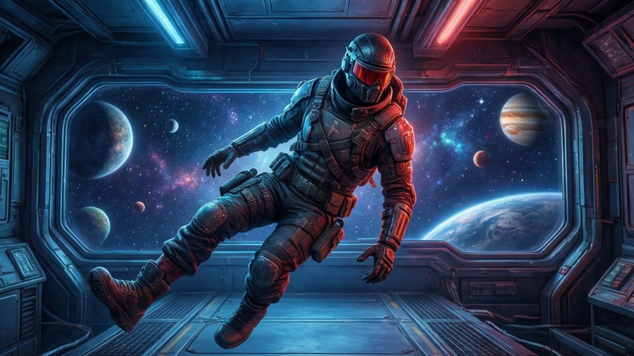 Ruby in a futuristic space station, weightless.