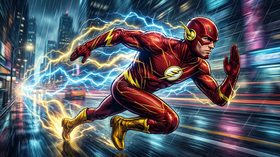 The Flash sfreccia attraverso una città illuminata al neon con scie elettriche di velocità in una scena vibrante ispirata ai fumetti