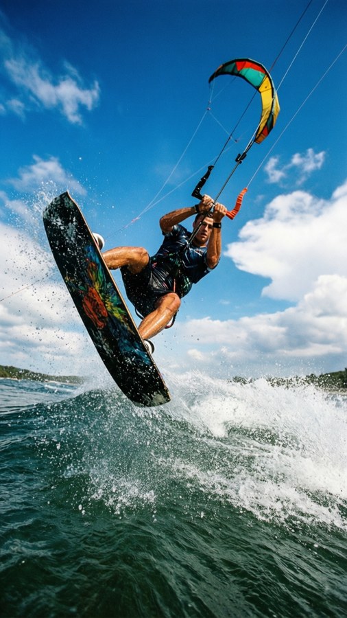 Fotogramma dinamico di un kitesurfer che ruota fuori da un'onda.