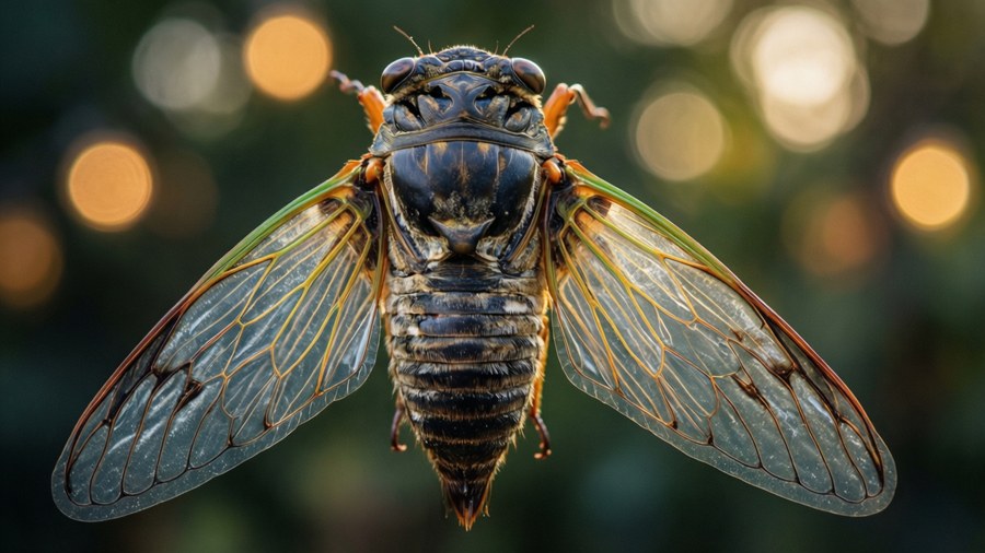 A macro close-up of the moment a cicada's back splits, wings emerging with bokeh.