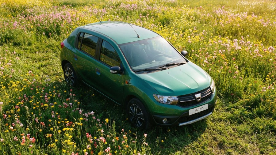 Green Dacia Sandero in a colorful flower field.