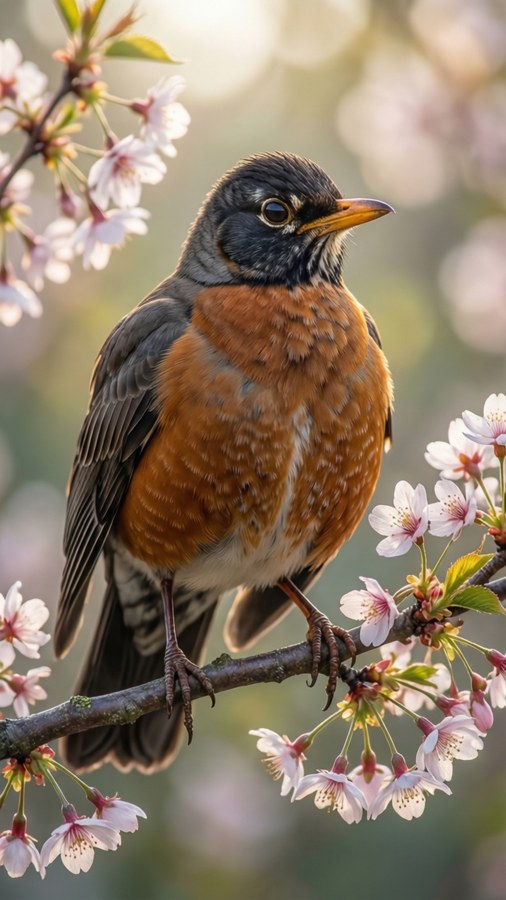A stunning close-up of a robin on cherry blossoms for a serene wallpaper