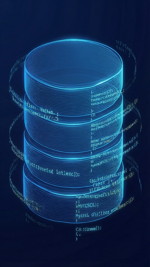 An abstract wallpaper showing MySQL tables as glowing lines with floating SQL text.