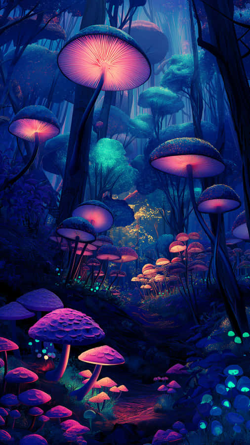 magical,mushroom,forest,glowing,fantasy,night,surreal,enchanted,fungus,bioluminescent,ethereal,nature,mystical,vibrant,neon,light,plant,mysterious,purple,pink
