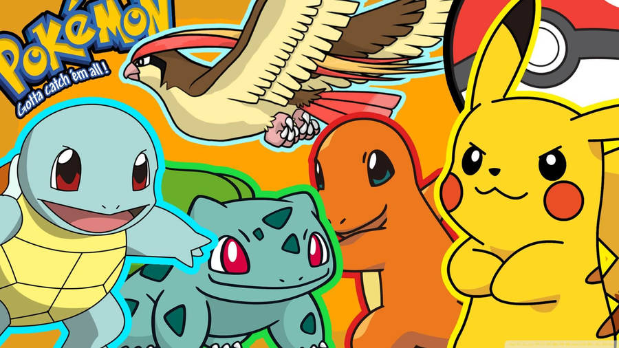 Cute Squirtle, Bulbasaur, Charmander and Pikachu in Pokemon wallpaper.
