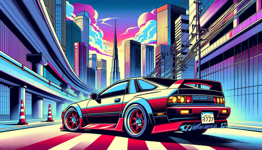 Retro Futuristisk Stadsscape Bil