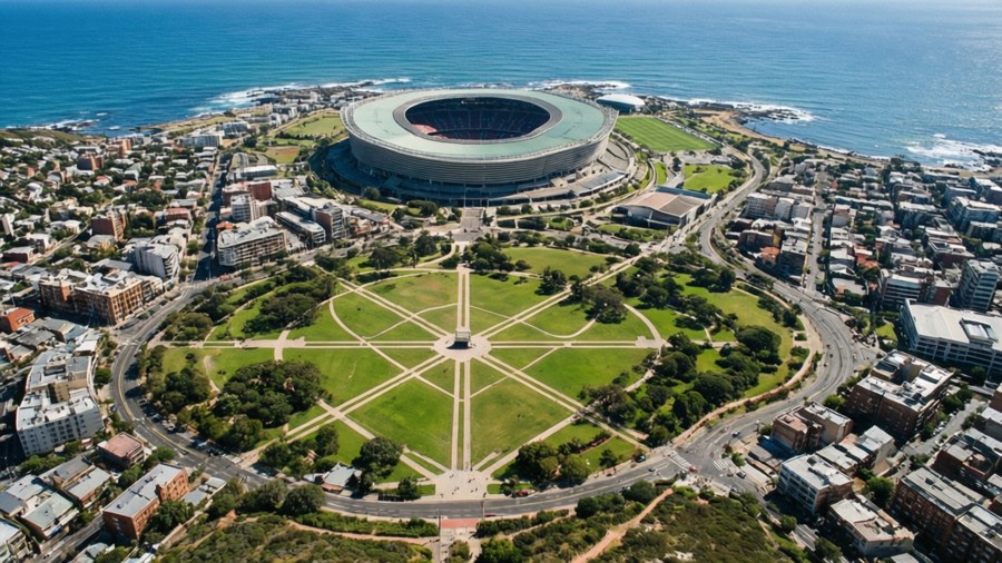Aerial view of Cape Town Stadium and Green Point common with the ocean in the background.