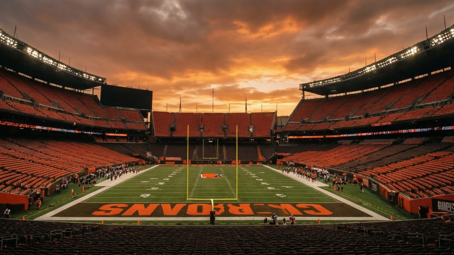 A nostalgic sunset view of an empty Cleveland Browns stadium, evoking game day memories.