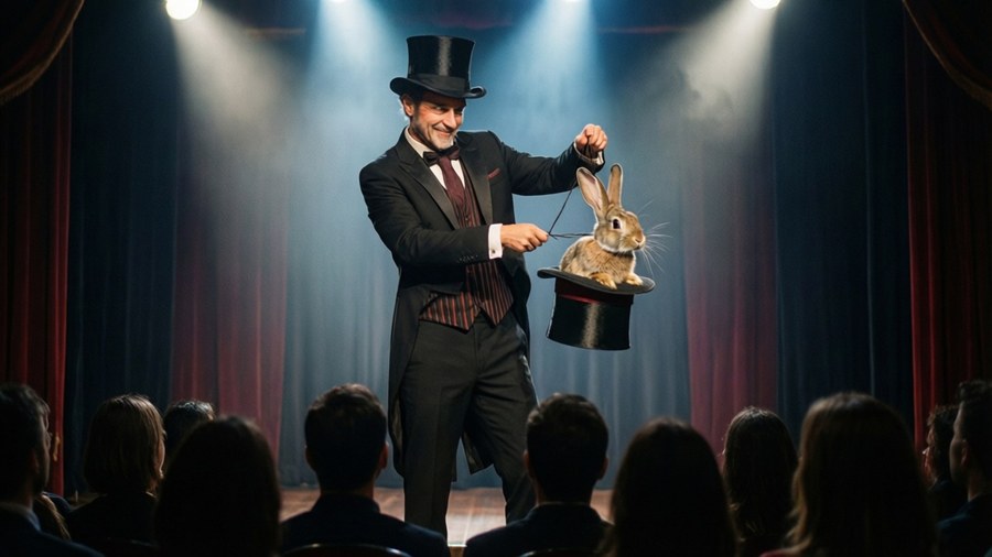 Magician performing with rabbit and hat on stage