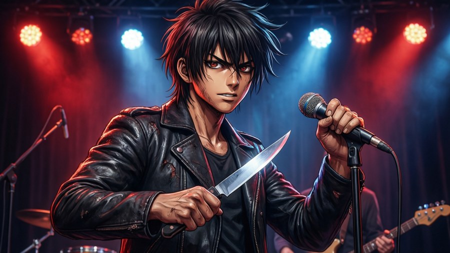 Hanako performing on stage with knife and microphone.