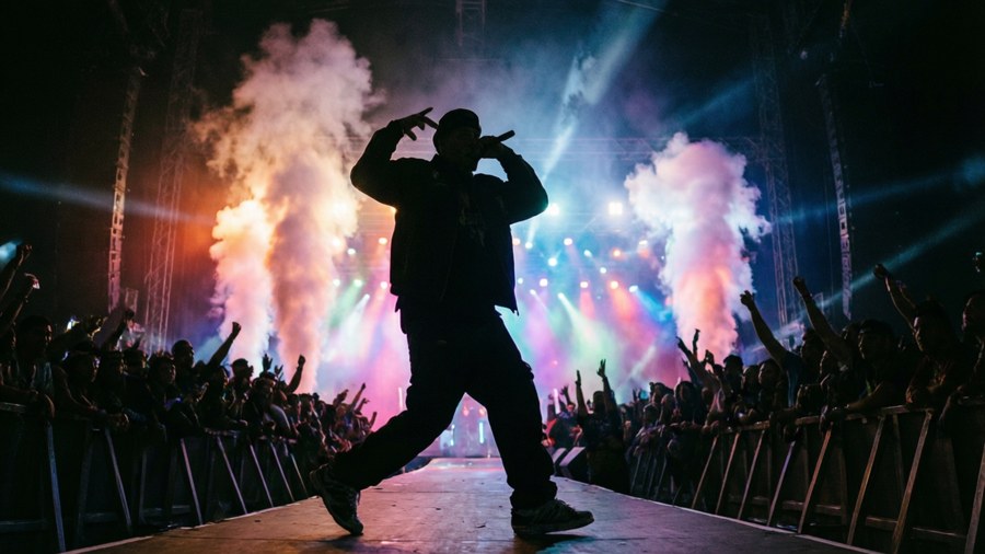 Peso Pluma performing live on stage with crowd