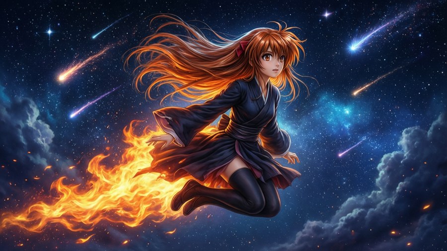 Shana fliegt durch einen Sternenhimmel mit Feuerschweifen, majestätisch und surreal.