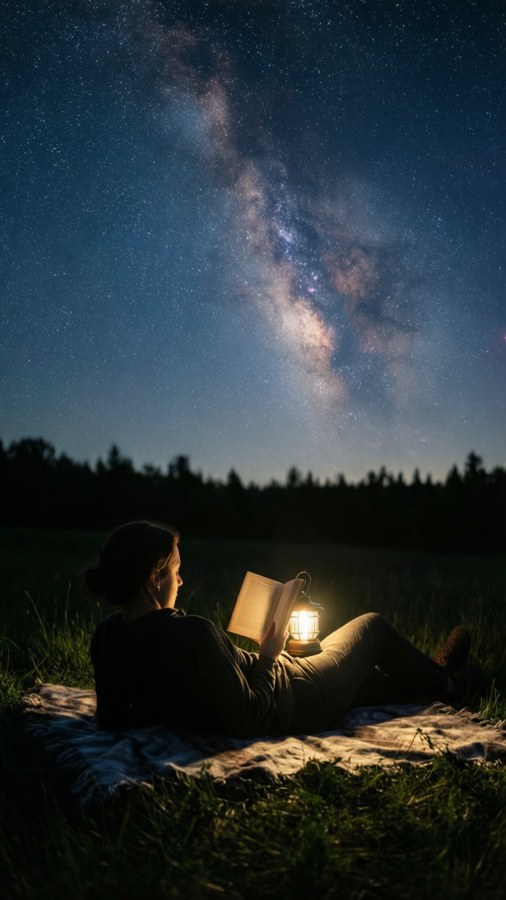 A person reading by lantern light under a starry night sky, silhouette.