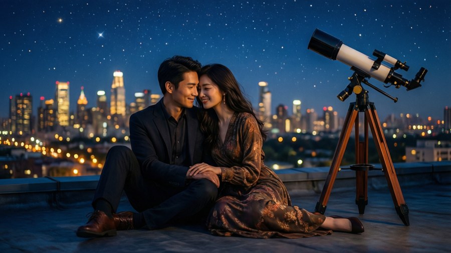 Pasangan mengamati bintang di atap dengan lampu kota di bawah