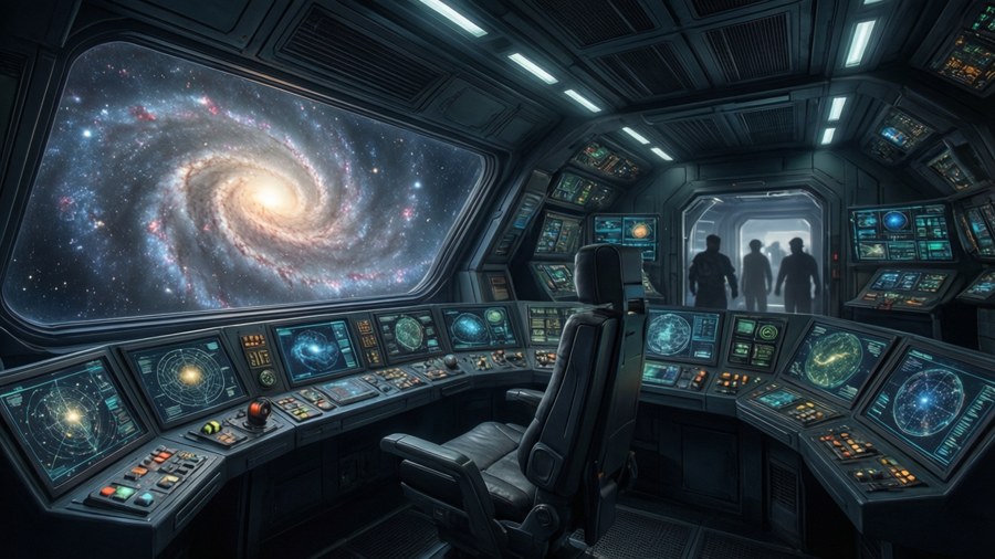Papel de parede de ficção científica de uma ponte de nave espacial com mapas holográficos e vista de uma galáxia espiral