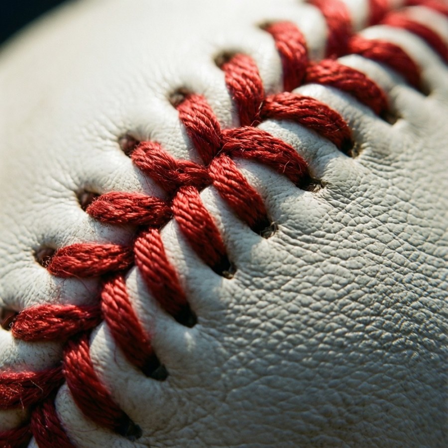Eine extreme Makroaufnahme der roten Naht eines Baseballs, die komplizierte Details und Textur enthüllt.