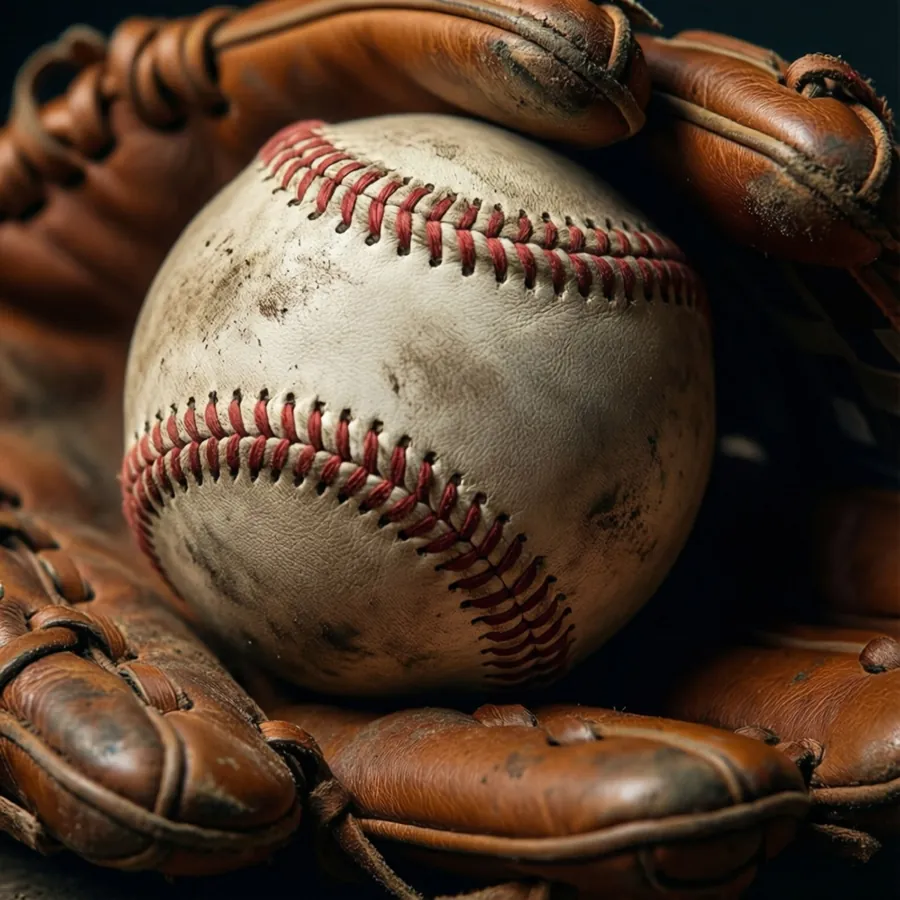 A detailed close-up of a baseball nestled in a leather glove, highlighting its stitches and dirt.