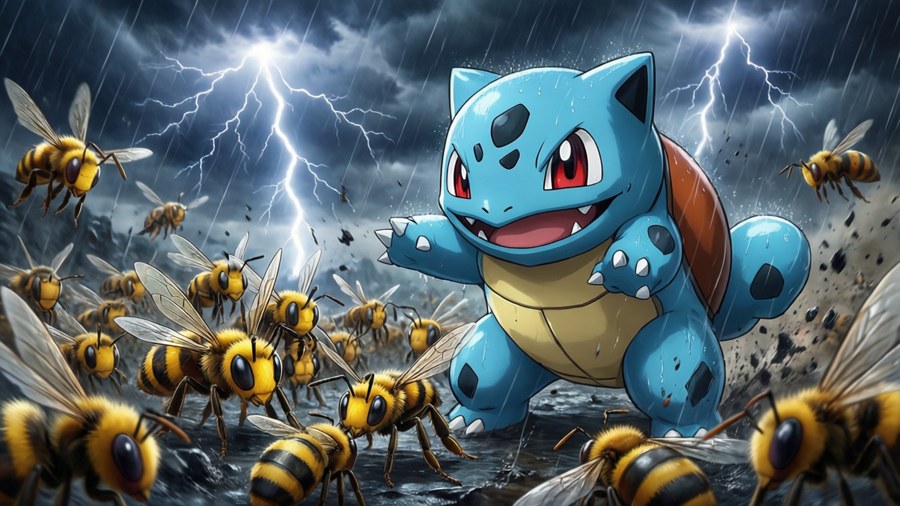 Vespiquen leads Combee in a thunderstorm battle.