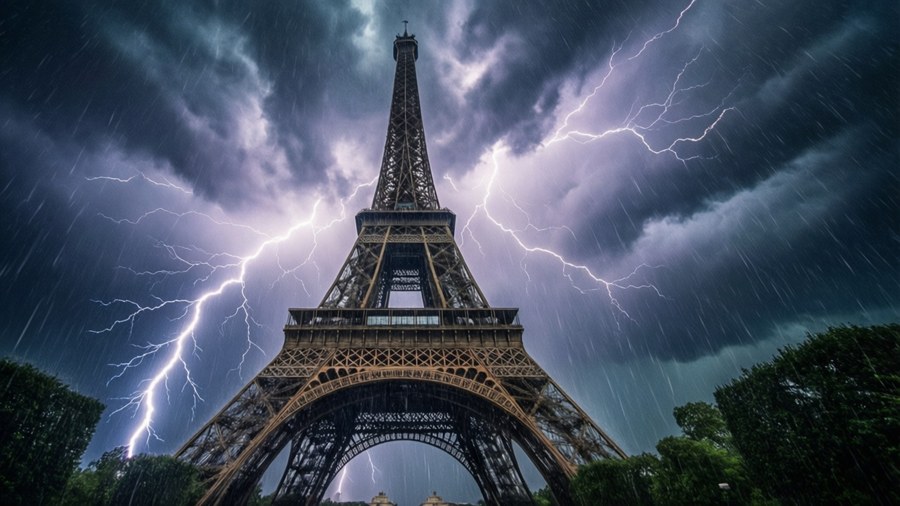 A dramatic thunderstorm with lightning striking near the Eiffel Tower.