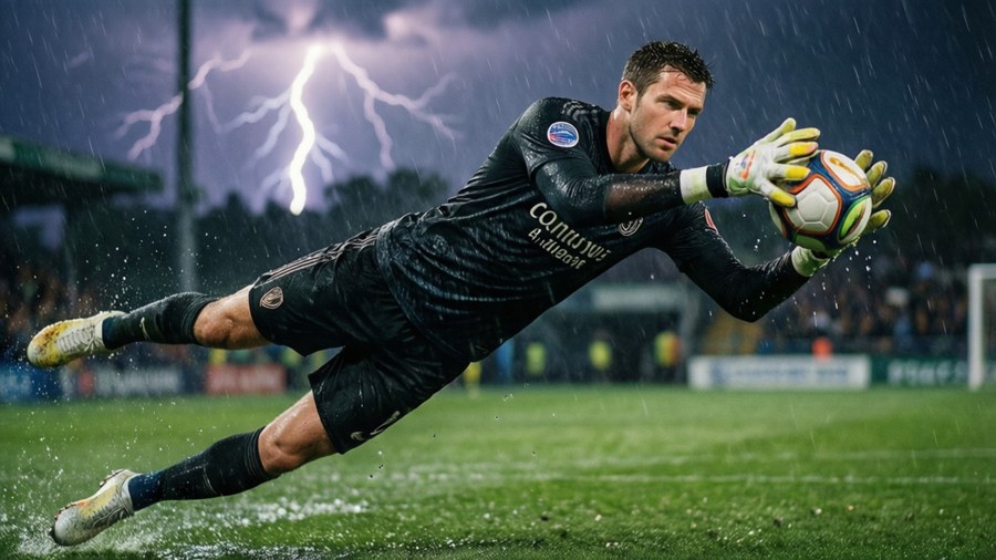 Thibaut Courtois gör en räddning i kraftigt regn med blixtar, dramatiskt väder.