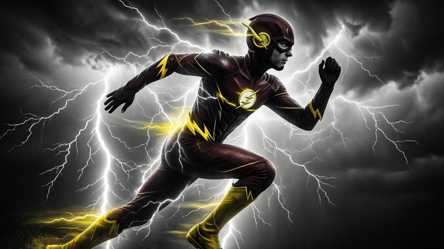 Artistic double exposure of Kid Flash merged with a lightning storm.