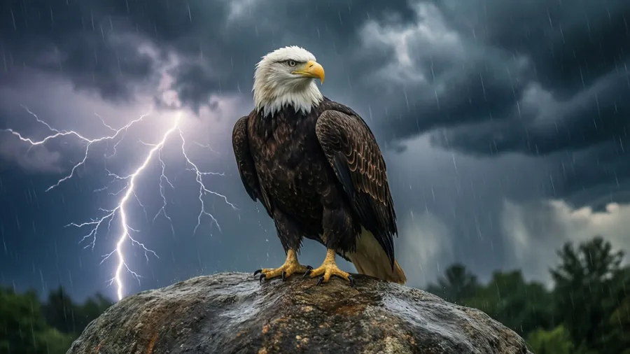Eagle on rock with storm and lightning