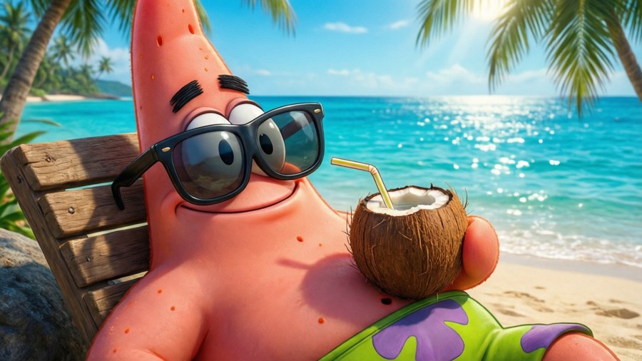 En afslappende tapet af Patrick Star, der nyder en tropisk strandferie.