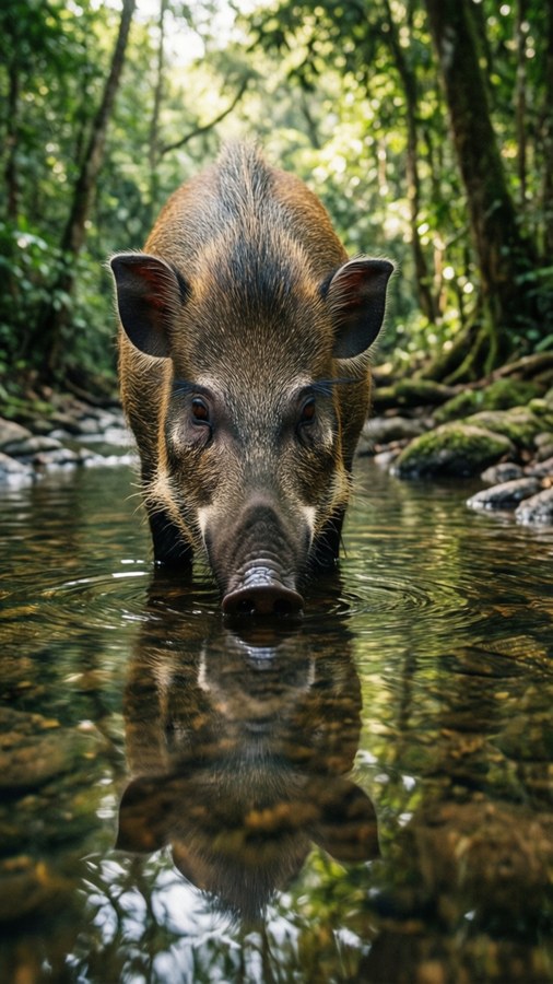 Babirusa drinking from a forest stream.
