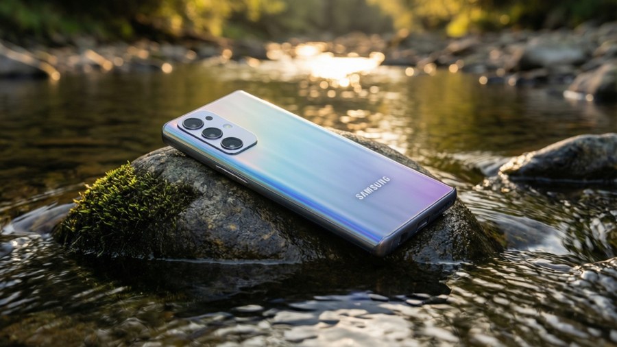 Samsung M51 on a rock by a stream during golden hour.