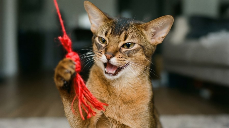 Oriental Shorthair cat playing with a red string, fun and playful.