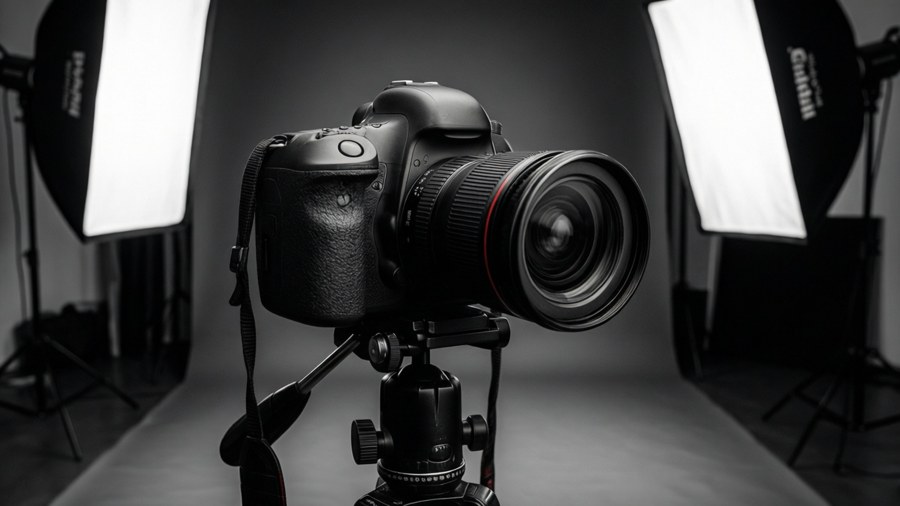 A black and white wallpaper of a camera on a tripod in a studio with softboxes.