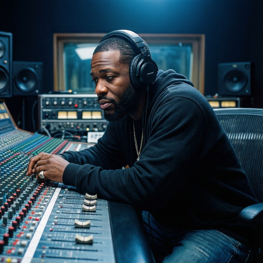 Busta Rhymes in a recording studio with headphones