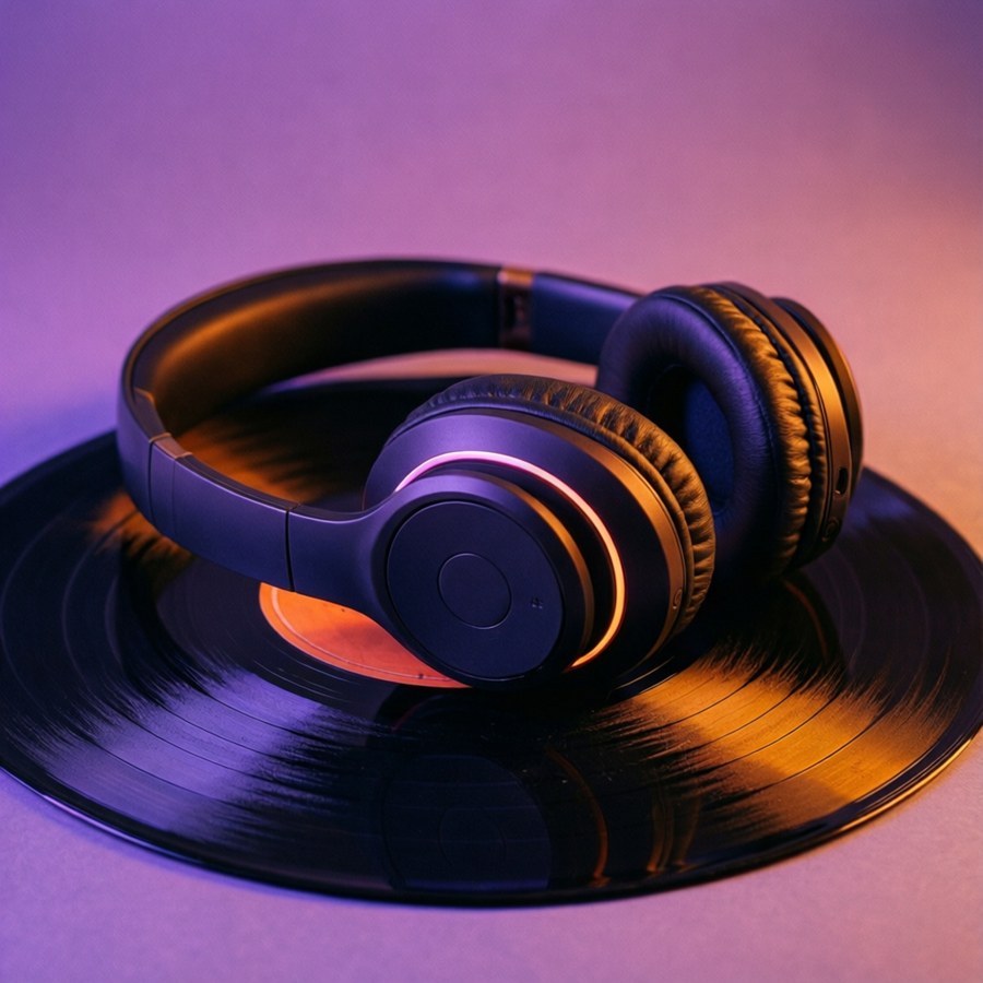 Composizione minimalista di cuffie su vinile con retroilluminazione al neon.