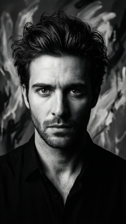 Portrait artistique en studio de Ben Azelart avec un éclairage dramatique.